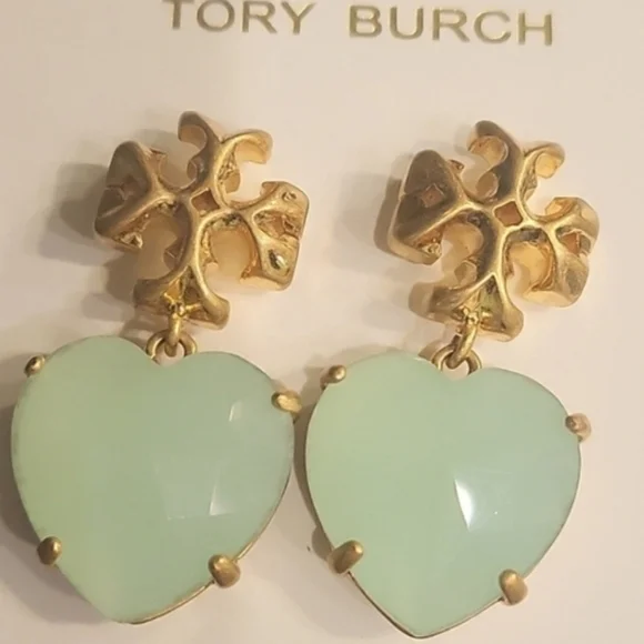Tory Burch Gold and Mint Heart Earrings - Picture 3 of 3